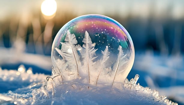 Frozen soap bubble in the evening on snow with beautiful ice flower from the frost.