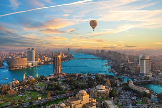 Skyline view on Cairo at sunset, the skyscrappers and the bridges, panorama from the Tower, Egypt.