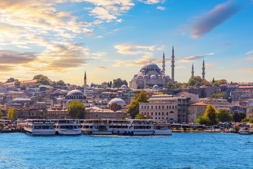 Ships in the Bosphorus by beautiful Suleymaniye Mosque of Istanbul, Turkey.