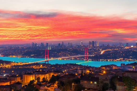 The Bosphorus Bridge or the 15 July Martyrs Bridge, sunset Istanbul, Turkey.