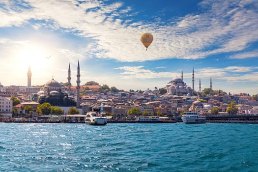 Ships in the Bosphorus by Suleymaniye and Rustem Pasha Mosques, Istanbul, Turkey.