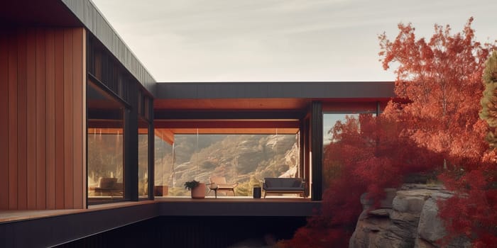 Modern Architecture - a residence on Rocky Mountain surrounded by colorful foliage.