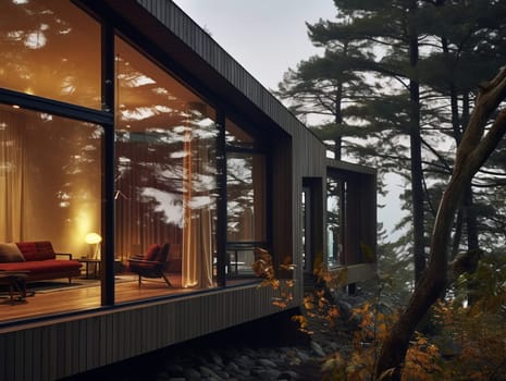 Modern Architecture - a residence on Rocky Mountain surrounded by colorful foliage.