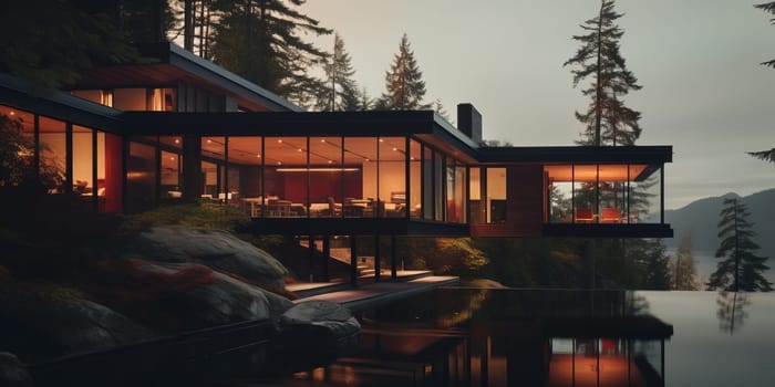 Modern Architecture - a residence on Rocky Mountain surrounded by colorful foliage.