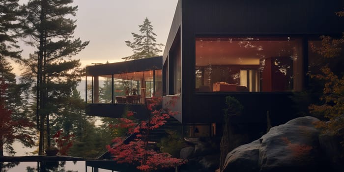 Modern Architecture - a residence on Rocky Mountain surrounded by colorful foliage.