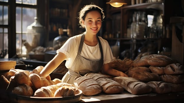 Bakery worker selling fresh tasty pastry and bread in a bakery shop.
