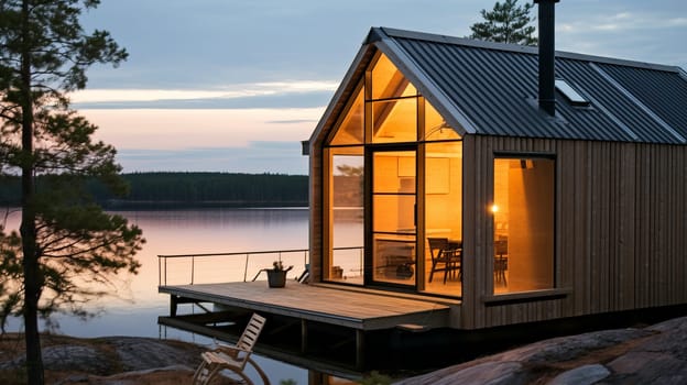 A lodge by the lake surrounded by a beautiful green forest in the morning.