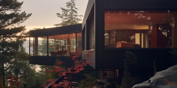 Modern Architecture - a residence on Rocky Mountain surrounded by colorful foliage.