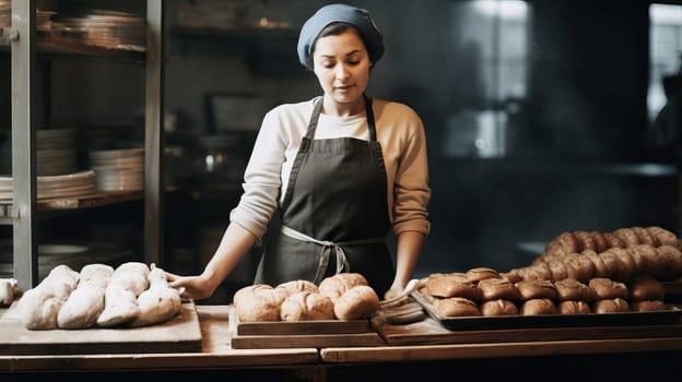 Bakery worker selling fresh tasty pastry and bread in a bakery shop.