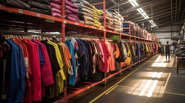 Fabric Warehouse. Fashion Clothes Warehouse. New or used clothes in racks and hangers. Transportation hub with clothes.