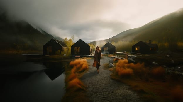 A lodge by the lake surrounded by a beautiful green forest in the morning.