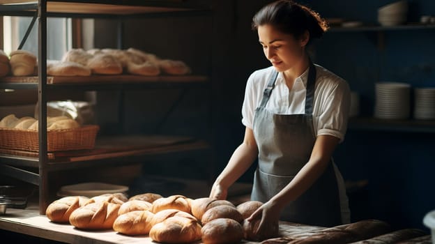 Bakery worker selling fresh tasty pastry and bread in a bakery shop.