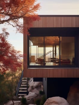 Modern Architecture - a residence on Rocky Mountain surrounded by colorful foliage.