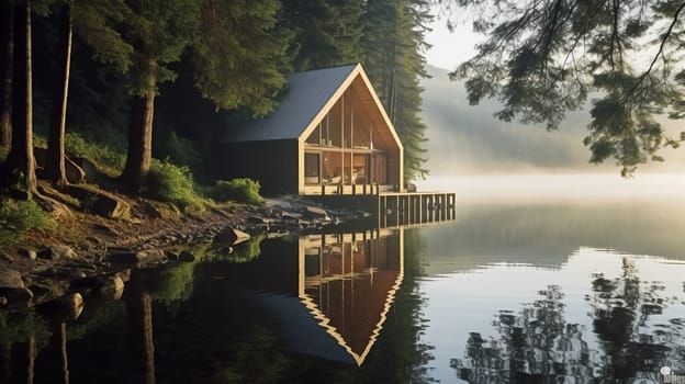 A lodge by the lake surrounded by a beautiful green forest in the morning.