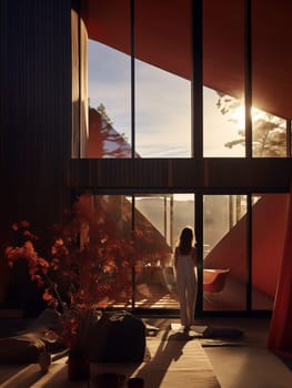 Modern Architecture - a residence on Rocky Mountain surrounded by colorful foliage. Young woman in living room.