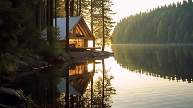 A lodge by the lake surrounded by a beautiful green forest in the morning.