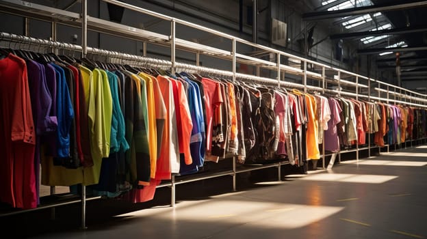 Fabric Warehouse. Fashion Clothes Warehouse. New or used clothes in racks and hangers. Transportation hub with clothes.