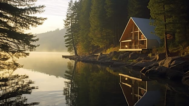 A lodge by the lake surrounded by a beautiful green forest in the morning.