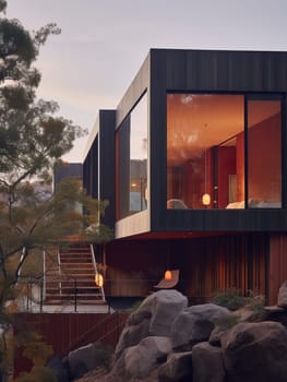 Modern Architecture - a residence on Rocky Mountain surrounded by colorful foliage.