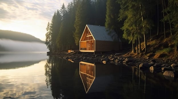 A lodge by the lake surrounded by a beautiful green forest in the morning.