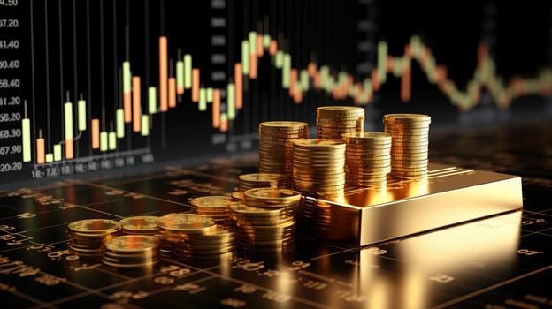 Stack of gold with trading graph, financial investment concept can be use as background