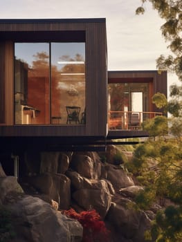 Modern Architecture - a residence on Rocky Mountain surrounded by colorful foliage.