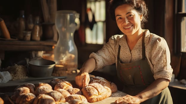 Bakery worker selling fresh tasty pastry and bread in a bakery shop.