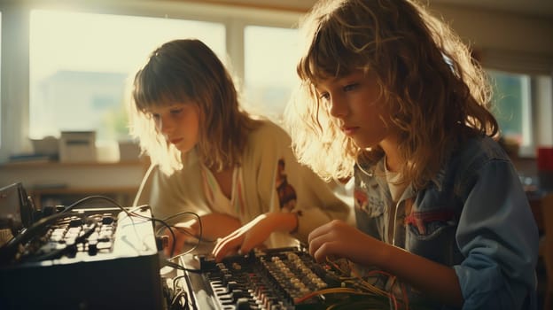 Young smart girls learning 3D printing at school, they are using a 3D printer and a laptop, science and education concept