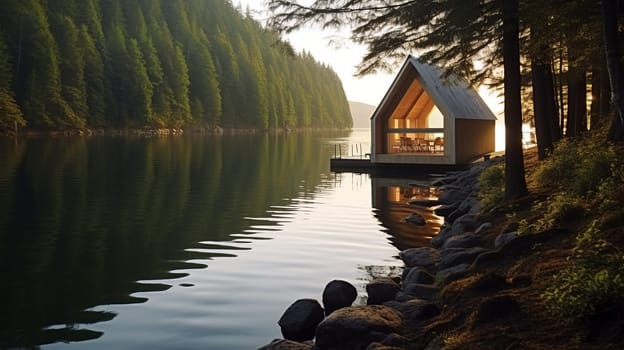 A lodge by the lake surrounded by a beautiful green forest in the morning.