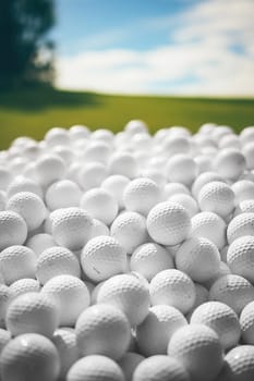 Golf balls background. Many white golf balls with realistic dimple texture lying in a pile. 3d rendering