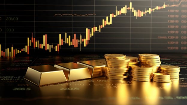 Stack of gold with trading graph, financial investment concept can be use as background