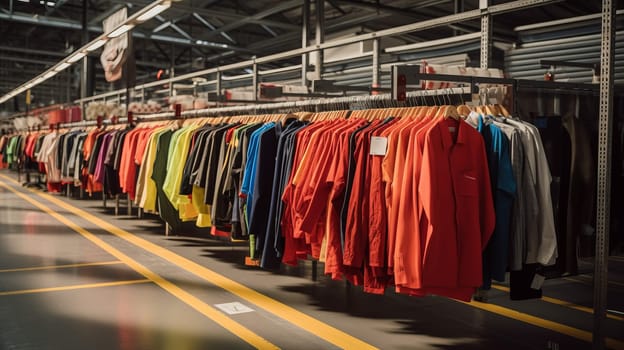 Fabric Warehouse. Fashion Clothes Warehouse. New or used clothes in racks and hangers. Transportation hub with clothes.