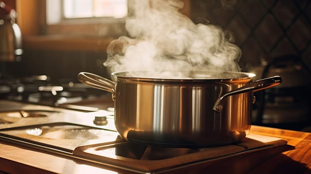 cooking on a gas stove, steaming pot in the kitchen