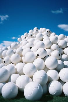 Football balls background. Many white football balls with realistic dimple texture lying in a pile. 3d rendering