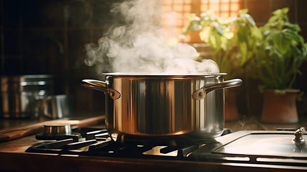cooking on a gas stove, steaming pot in the kitchen
