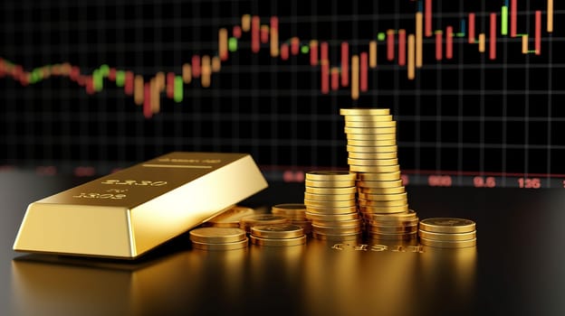 Stack of gold with trading graph, financial investment concept can be use as background