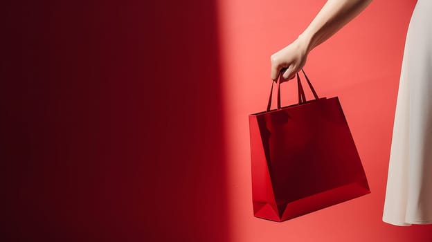 Mockup of red paper shopping bag with handles on the red color background
