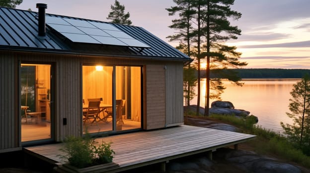A lodge by the lake surrounded by a beautiful green forest in the morning.