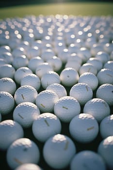 Golf balls background. Many white golf balls with realistic dimple texture lying in a pile. 3d rendering