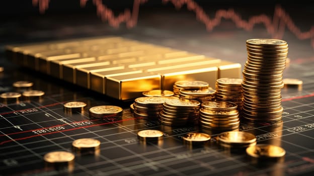 Stack of gold with trading graph, financial investment concept can be use as background