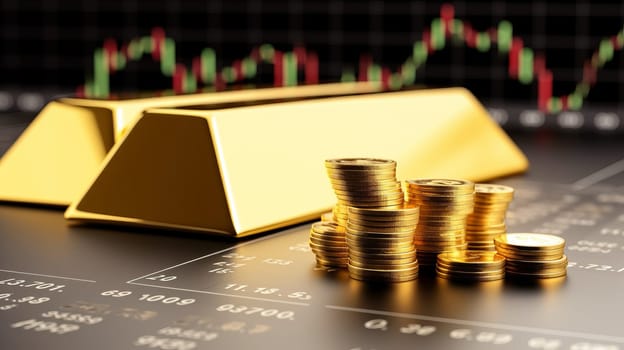 Stack of gold with trading graph, financial investment concept can be use as background