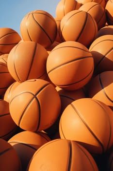 Basketball balls background. Many orange basketball balls with realistic dimple texture lying in a pile. 3d rendering