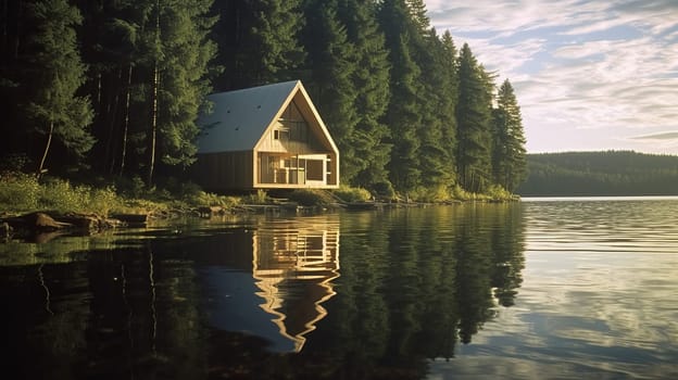 A lodge by the lake surrounded by a beautiful green forest in the morning.