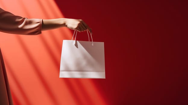 Mockup of red paper shopping bag with handles on the red color background