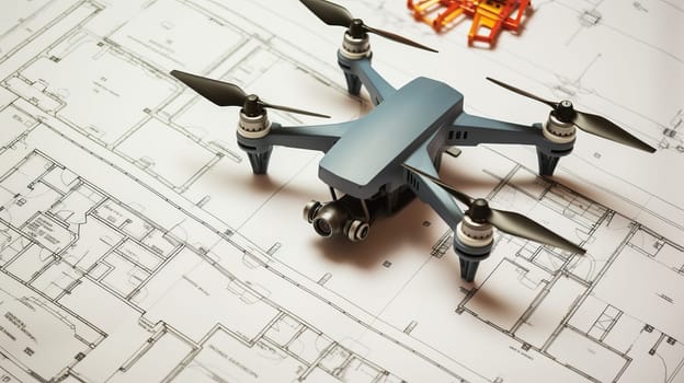 A drone on blueprint architectual printed plans. Inspection drone.