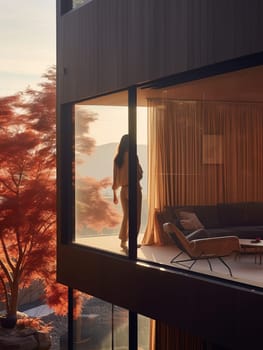 Modern Architecture - a residence on Rocky Mountain surrounded by colorful foliage. Girl in window.