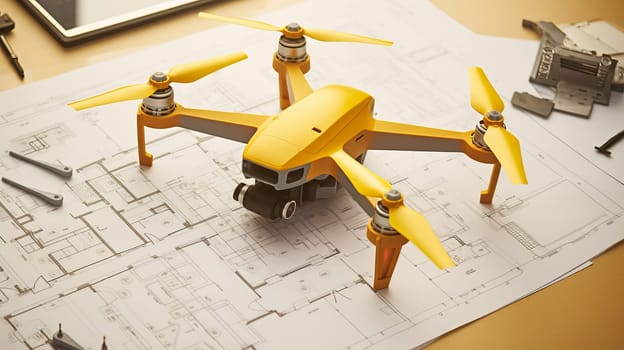 A drone on blueprint architectual printed plans. Inspection drone.