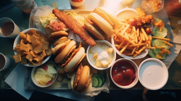 Breakfast topview. Freshly baked buns, mayo sauce, vegetables.