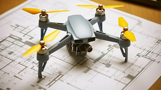 A drone on blueprint architectual printed plans. Inspection drone.