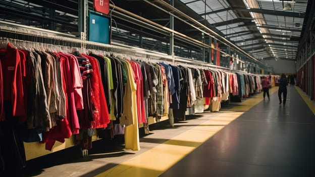 Fabric Warehouse. Fashion Clothes Warehouse. New or used clothes in racks and hangers. Transportation hub with clothes.